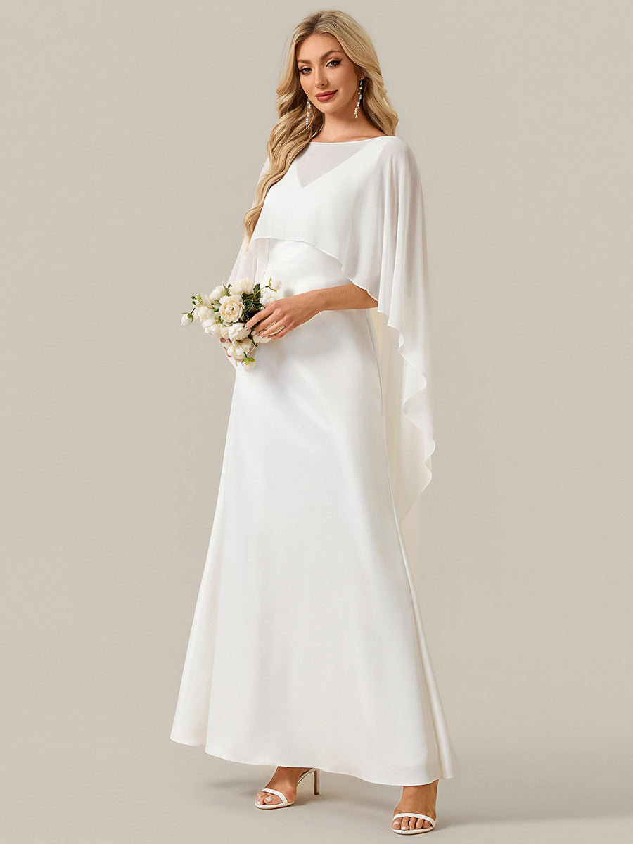 Color=White | Industrial Use Half Sleeve Shawl Deep V-Neck Sheath Floor Length Wedding Dresses-White 5