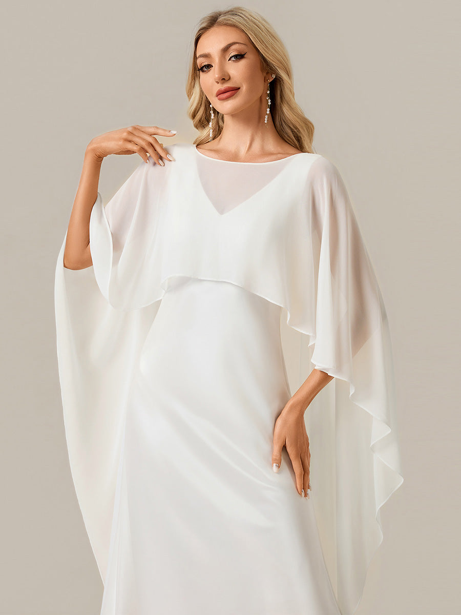 Color=White | Industrial Use Half Sleeve Shawl Deep V-Neck Sheath Floor Length Wedding Dresses-White 3