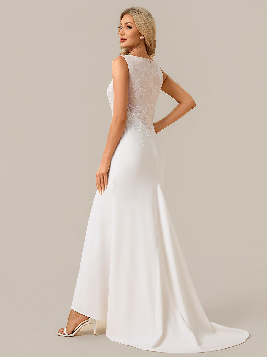 Color=White | One Stop Shop Strapless Fishtail Floral Appliques High-Low Wedding Dresses-White 2