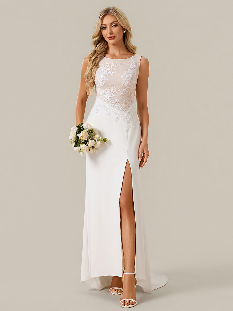 Color=White | One Stop Shop Strapless Fishtail Floral Appliques High-Low Wedding Dresses-White 4