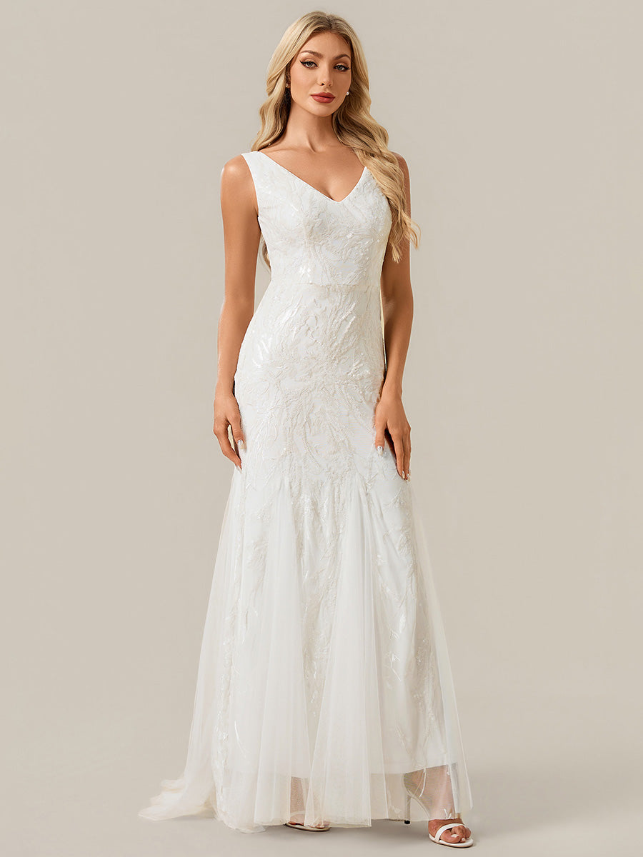 Color=White | One Stop Shop Strapless High Stretch Sequin Floral Fishtail V-Neck Wedding Dresses-White 1