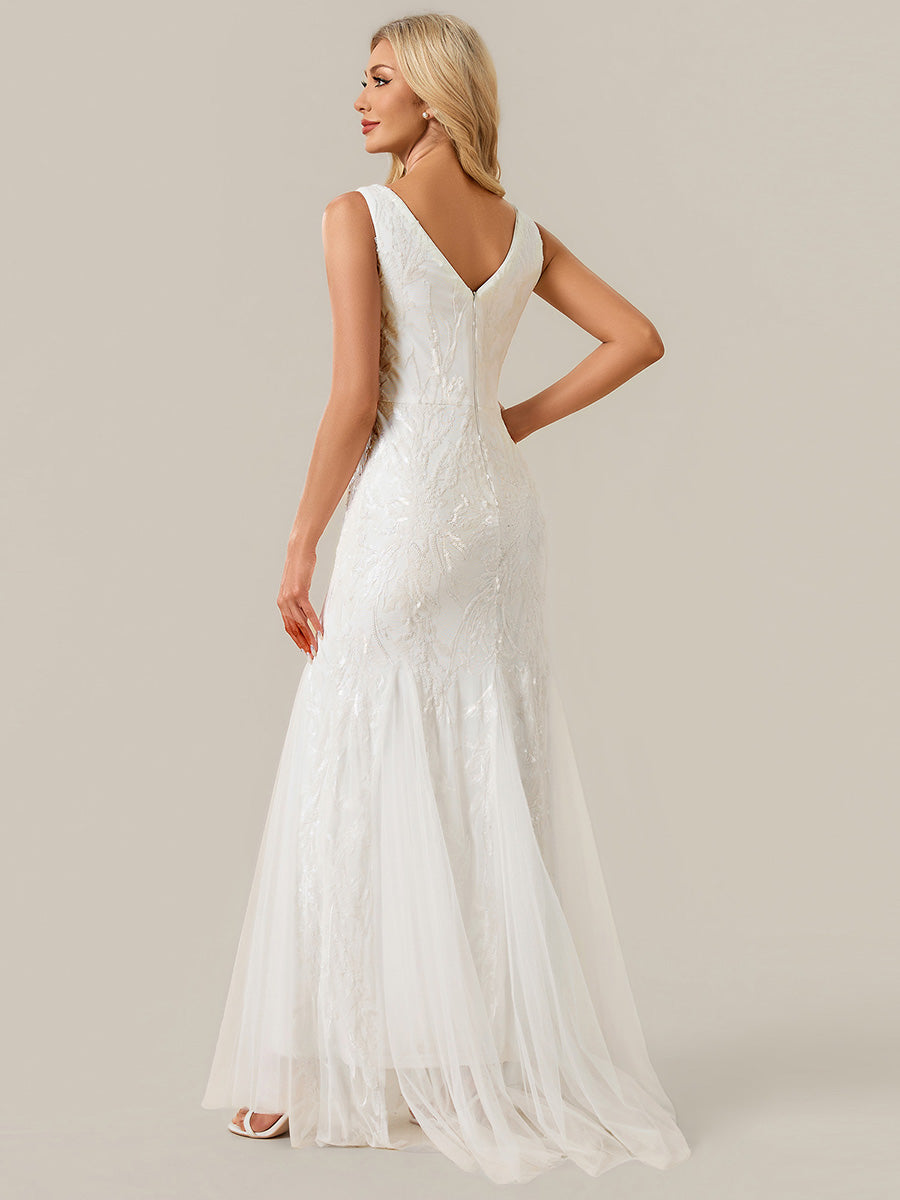 Color=White | One Stop Shop Strapless High Stretch Sequin Floral Fishtail V-Neck Wedding Dresses-White 2
