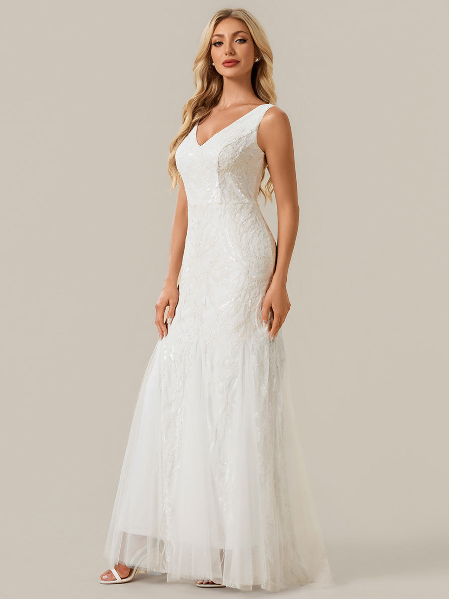 Color=White | One Stop Shop Strapless High Stretch Sequin Floral Fishtail V-Neck Wedding Dresses-White 4