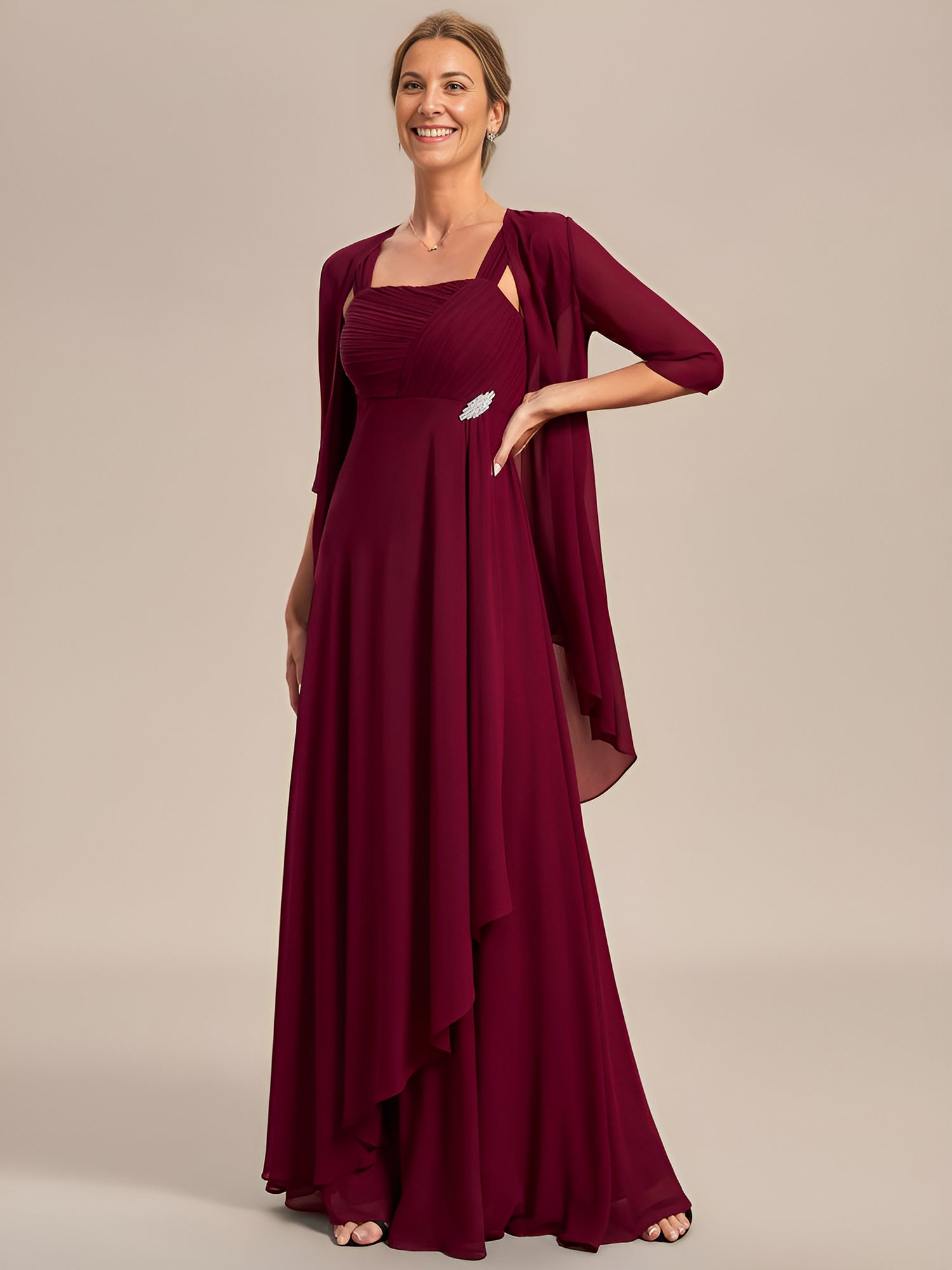 Color=Burgundy | Elegant Two-piece Double Lotus Wholesale Chiffon Mother of the Bride Dresses-Burgundy 1