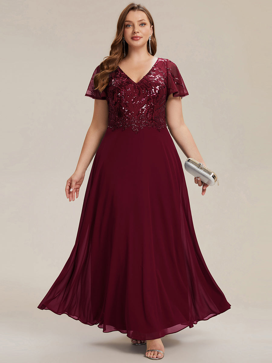 Color=Burgundy | B2B-Exclusive Short Sleeve Ruffle A-Line Maxi Dress with Deep V-Neck Appliques; Mother of the Bride Dresses-Burgundy 6