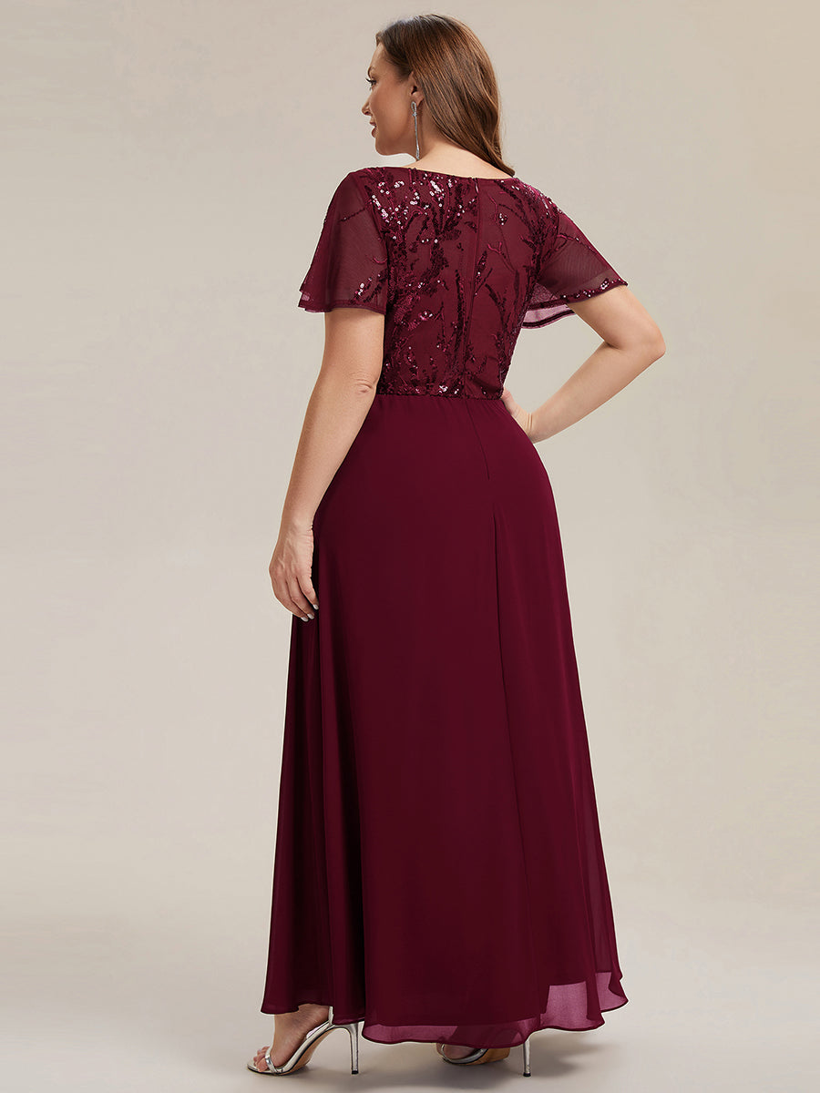 Color=Burgundy | B2B-Exclusive Short Sleeve Ruffle A-Line Maxi Dress with Deep V-Neck Appliques; Mother of the Bride Dresses-Burgundy 7