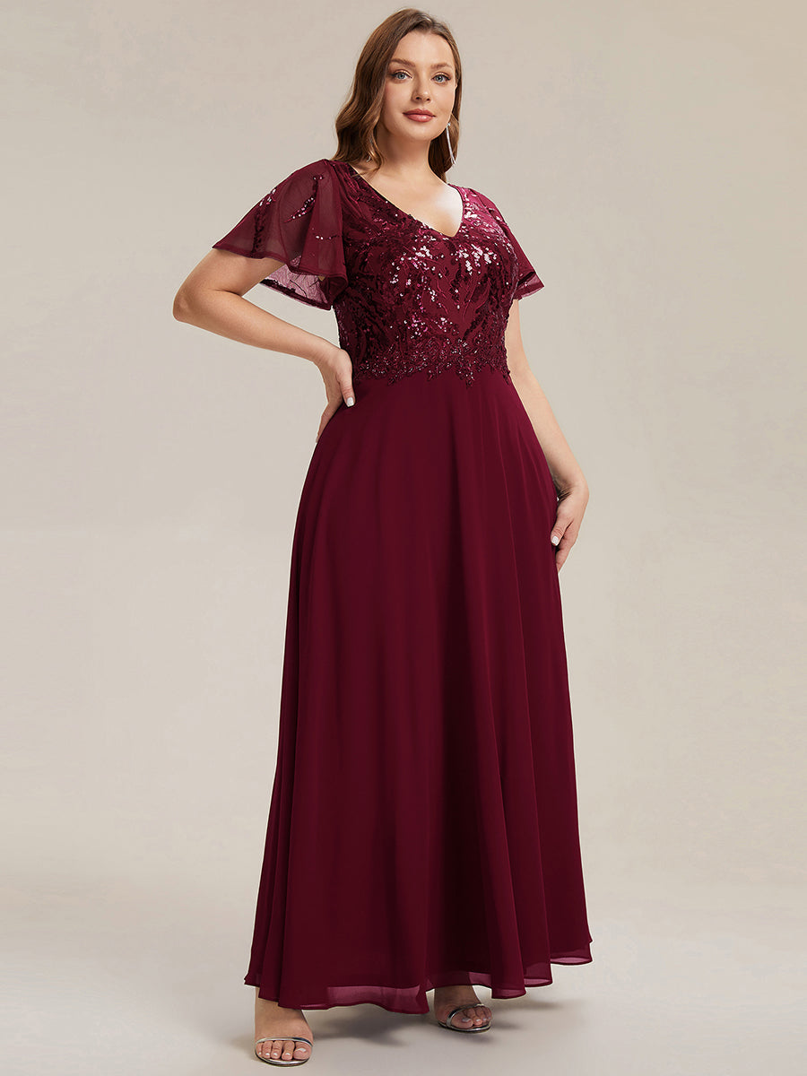 Color=Burgundy | B2B-Exclusive Short Sleeve Ruffle A-Line Maxi Dress with Deep V-Neck Appliques; Mother of the Bride Dresses-Burgundy 9