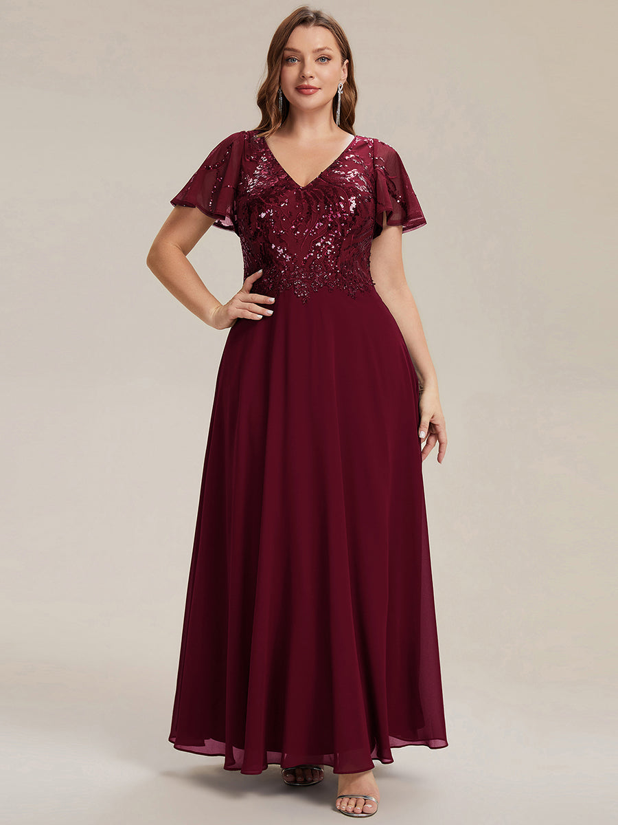 Color=Burgundy | B2B-Exclusive Short Sleeve Ruffle A-Line Maxi Dress with Deep V-Neck Appliques; Mother of the Bride Dresses-Burgundy 10