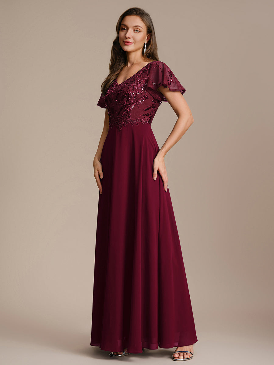 Color=Burgundy | B2B-Exclusive Short Sleeve Ruffle A-Line Maxi Dress with Deep V-Neck Appliques; Mother of the Bride Dresses-Burgundy 4