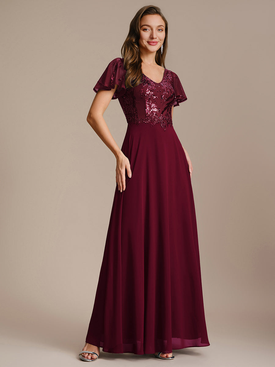 Color=Burgundy | B2B-Exclusive Short Sleeve Ruffle A-Line Maxi Dress with Deep V-Neck Appliques; Mother of the Bride Dresses-Burgundy 5