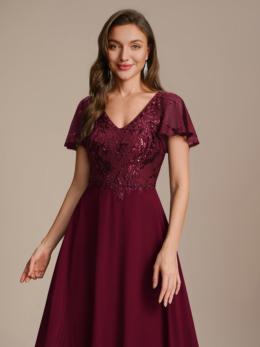 Color=Burgundy | B2B-Exclusive Short Sleeve Ruffle A-Line Maxi Dress with Deep V-Neck Appliques; Mother of the Bride Dresses-Burgundy 3