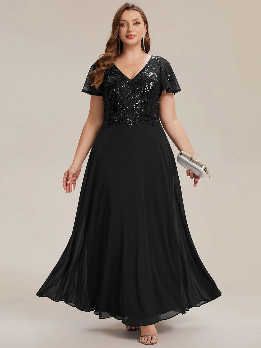 Color=Black | B2B-Exclusive Short Sleeve Ruffle A-Line Maxi Dress with Deep V-Neck Appliques; Mother of the Bride Dresses-Black 16