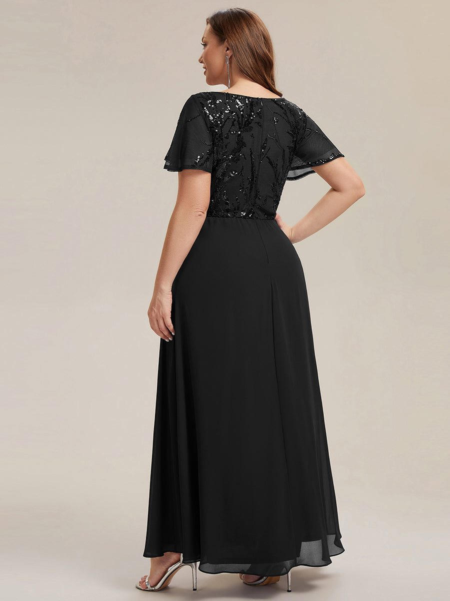 Color=Black | B2B-Exclusive Short Sleeve Ruffle A-Line Maxi Dress with Deep V-Neck Appliques; Mother of the Bride Dresses-Black 17