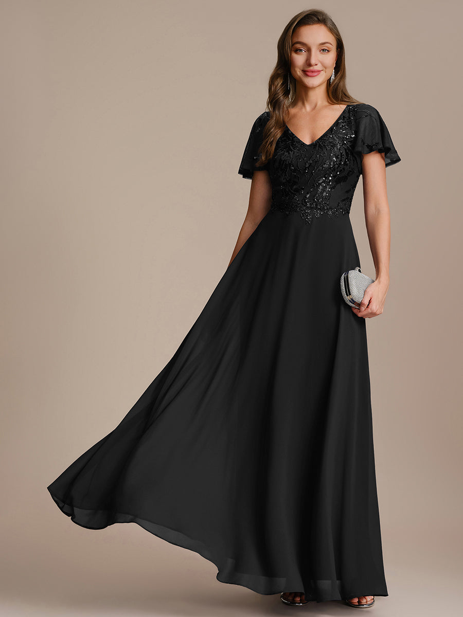Color=Black | B2B-Exclusive Short Sleeve Ruffle A-Line Maxi Dress with Deep V-Neck Appliques; Mother of the Bride Dresses-Black 11