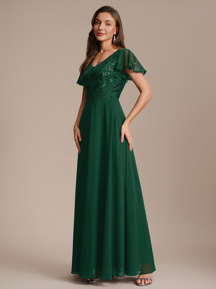 Color=Dark Green | B2B-Exclusive Short Sleeve Ruffle A-Line Maxi Dress with Deep V-Neck Appliques; Mother of the Bride Dresses-Dark Green 3