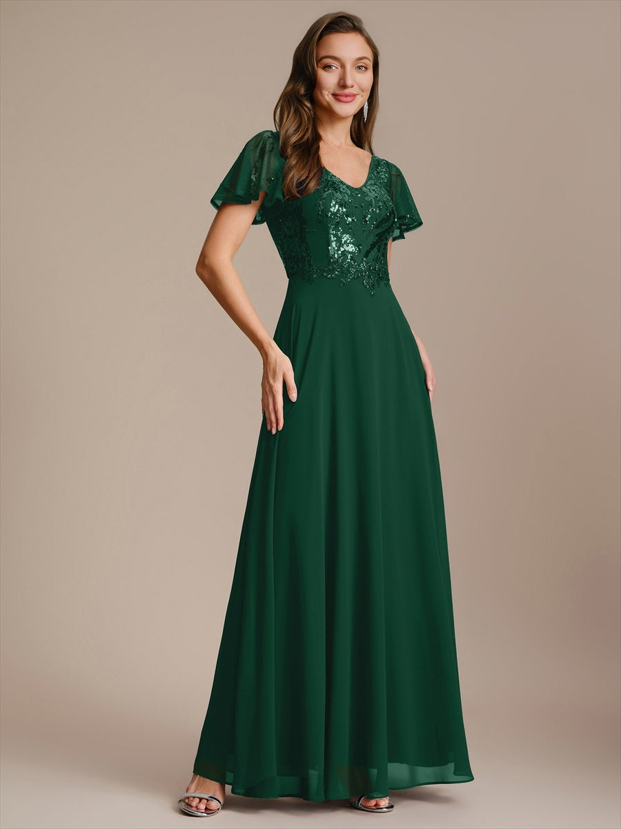 Color=Dark Green | B2B-Exclusive Short Sleeve Ruffle A-Line Maxi Dress with Deep V-Neck Appliques; Mother of the Bride Dresses-Dark Green 4