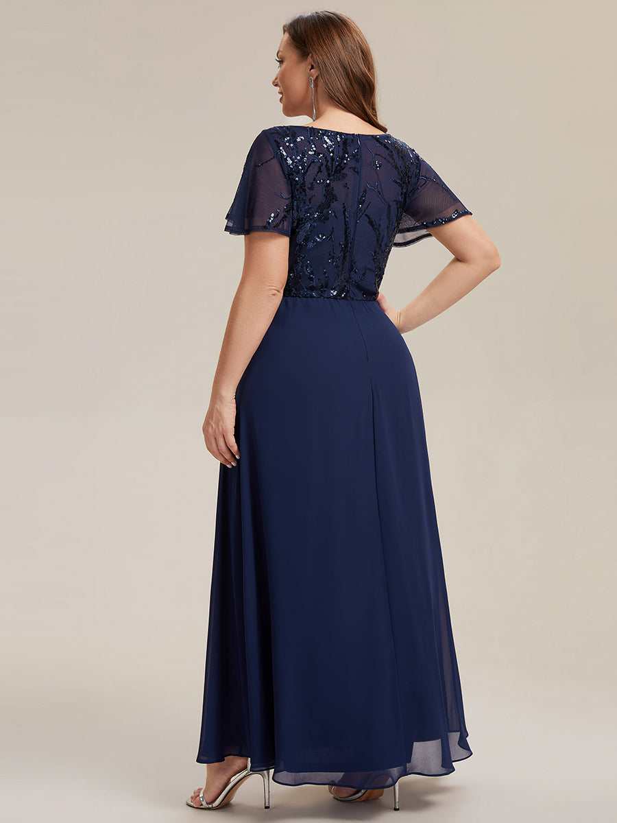 Color=Navy Blue | B2B-Exclusive Short Sleeve Ruffle A-Line Maxi Dress with Deep V-Neck Appliques; Mother of the Bride Dresses-Navy Blue 27