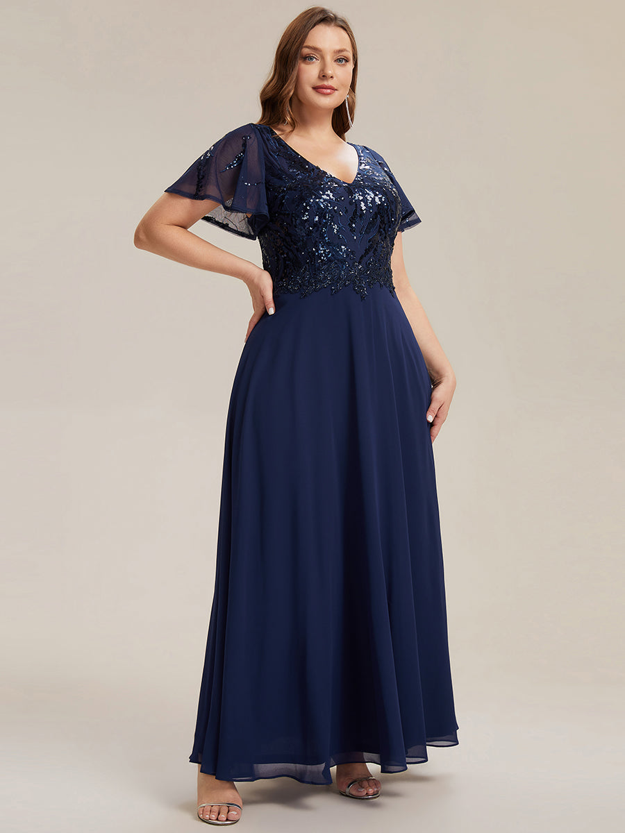 Color=Navy Blue | B2B-Exclusive Short Sleeve Ruffle A-Line Maxi Dress with Deep V-Neck Appliques; Mother of the Bride Dresses-Navy Blue 29