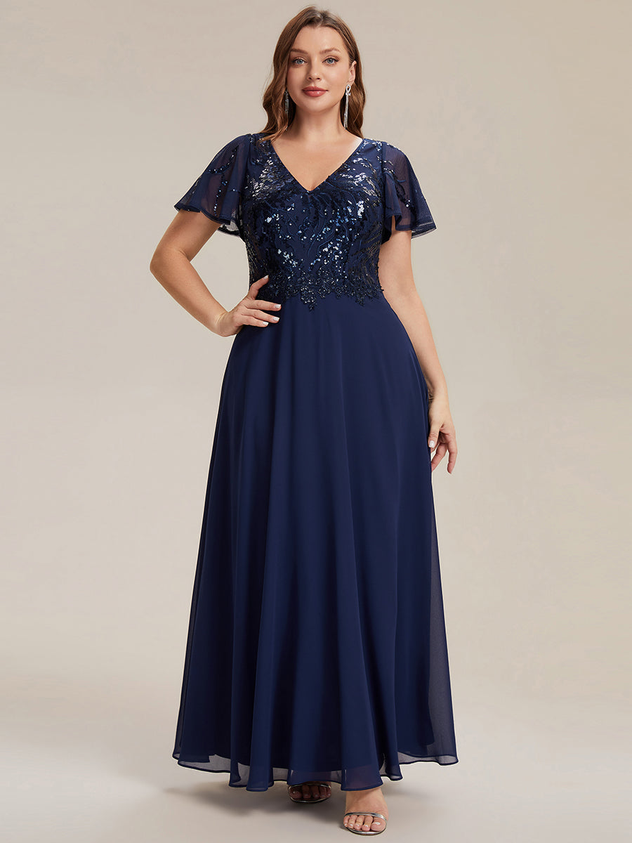 Color=Navy Blue | B2B-Exclusive Short Sleeve Ruffle A-Line Maxi Dress with Deep V-Neck Appliques; Mother of the Bride Dresses-Navy Blue 30