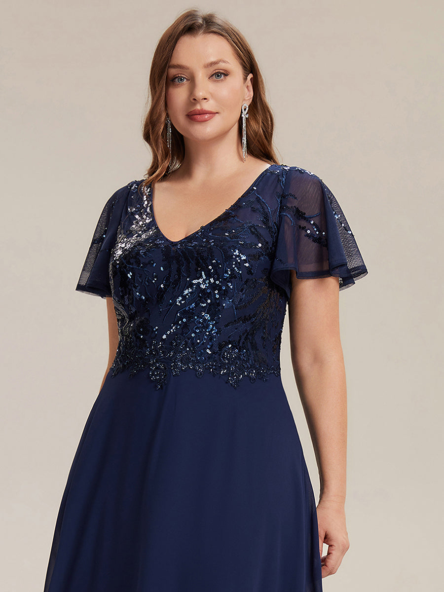 Color=Navy Blue | B2B-Exclusive Short Sleeve Ruffle A-Line Maxi Dress with Deep V-Neck Appliques; Mother of the Bride Dresses-Navy Blue 28