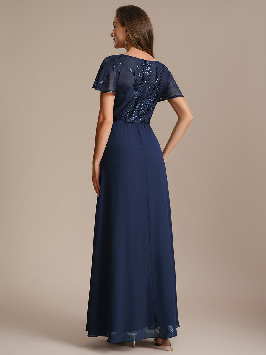 Color=Navy Blue | B2B-Exclusive Short Sleeve Ruffle A-Line Maxi Dress with Deep V-Neck Appliques; Mother of the Bride Dresses-Navy Blue 22