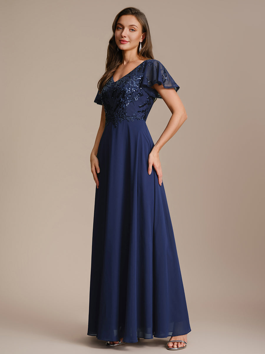 Color=Navy Blue | B2B-Exclusive Short Sleeve Ruffle A-Line Maxi Dress with Deep V-Neck Appliques; Mother of the Bride Dresses-Navy Blue 24