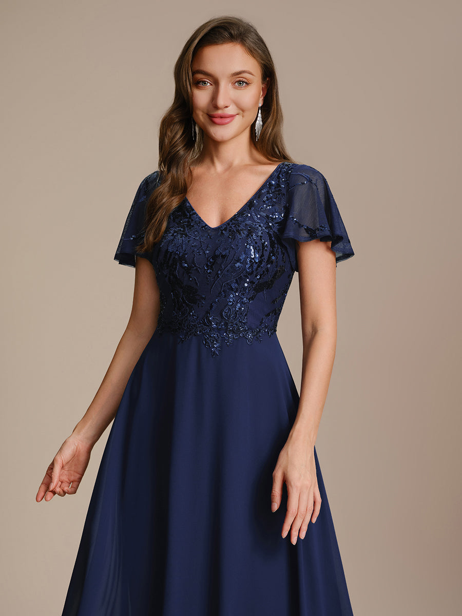 Color=Navy Blue | B2B-Exclusive Short Sleeve Ruffle A-Line Maxi Dress with Deep V-Neck Appliques; Mother of the Bride Dresses-Navy Blue 23