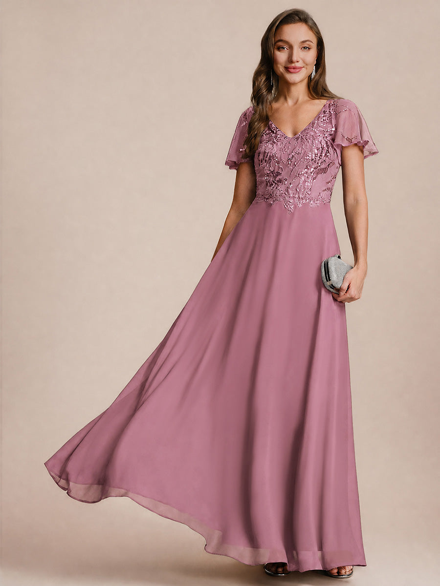 Color=Purple Orchid | B2B-Exclusive Short Sleeve Ruffle A-Line Maxi Dress with Deep V-Neck Appliques; Mother of the Bride Dresses - Purple Orchid 1