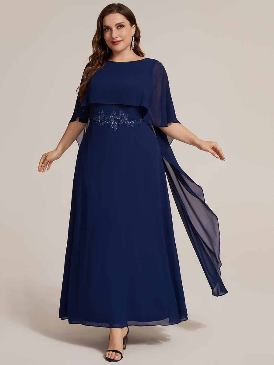 Color=Navy Blue | Chiffon Cape Sleeve A-Line Mother of the Bride Dress | Mother of the Bride Dresses-Navy Blue 6