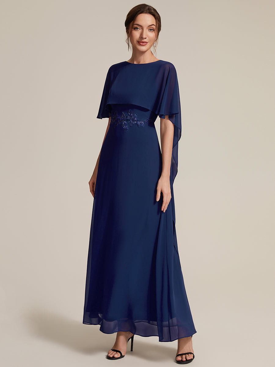 Color=Navy Blue | Chiffon Cape Sleeve A-Line Mother of the Bride Dress | Mother of the Bride Dresses-Navy Blue 1
