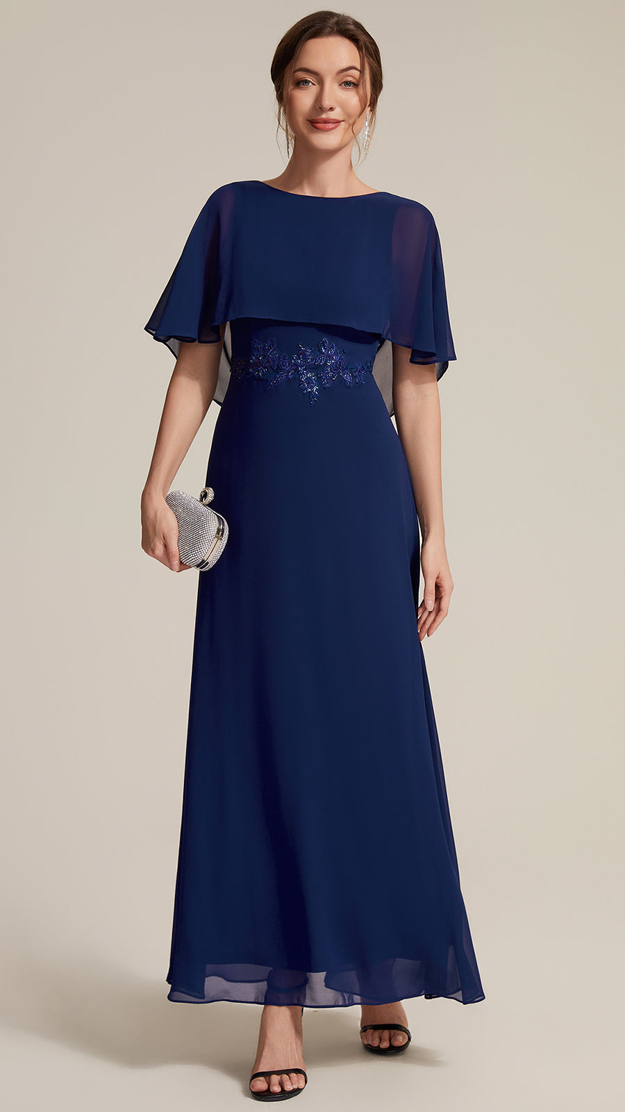 Color=Navy Blue | Chiffon Cape Sleeve A-Line Mother of the Bride Dress | Mother of the Bride Dresses-Navy Blue 5