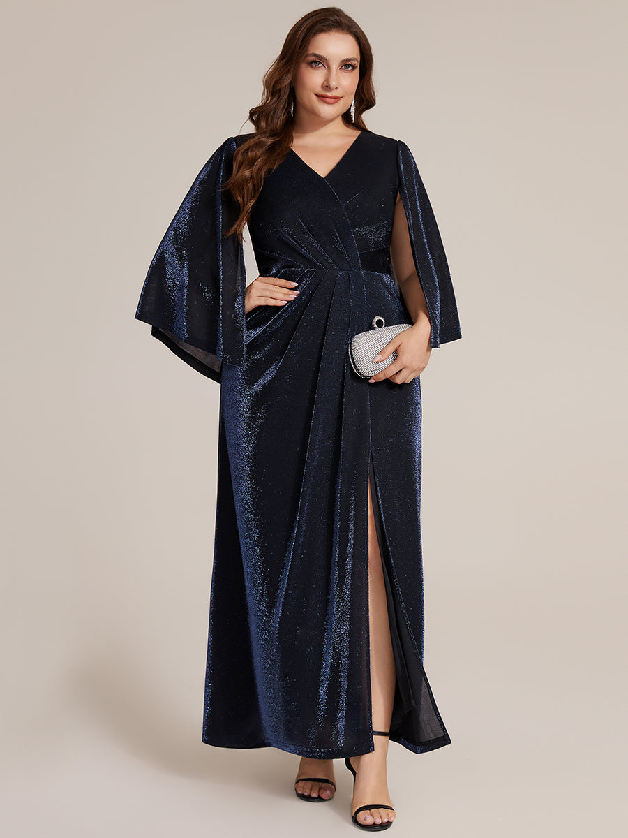 Color=Navy Blue | Factory Design Three-Quarter Sleeve High Stretch Sheath Maxi Dress with 3D Draping; Mother of the Bride Dresses-Navy Blue 6