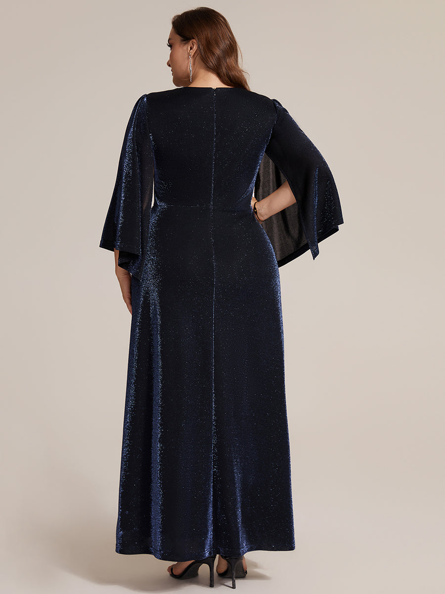 Color=Navy Blue | Factory Design Three-Quarter Sleeve High Stretch Sheath Maxi Dress with 3D Draping; Mother of the Bride Dresses-Navy Blue 7