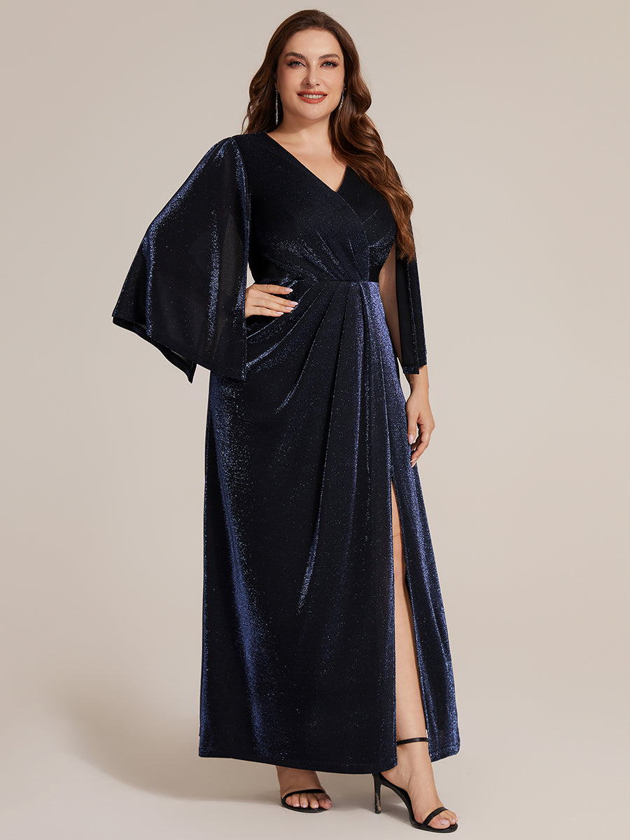 Color=Navy Blue | Factory Design Three-Quarter Sleeve High Stretch Sheath Maxi Dress with 3D Draping; Mother of the Bride Dresses-Navy Blue 9