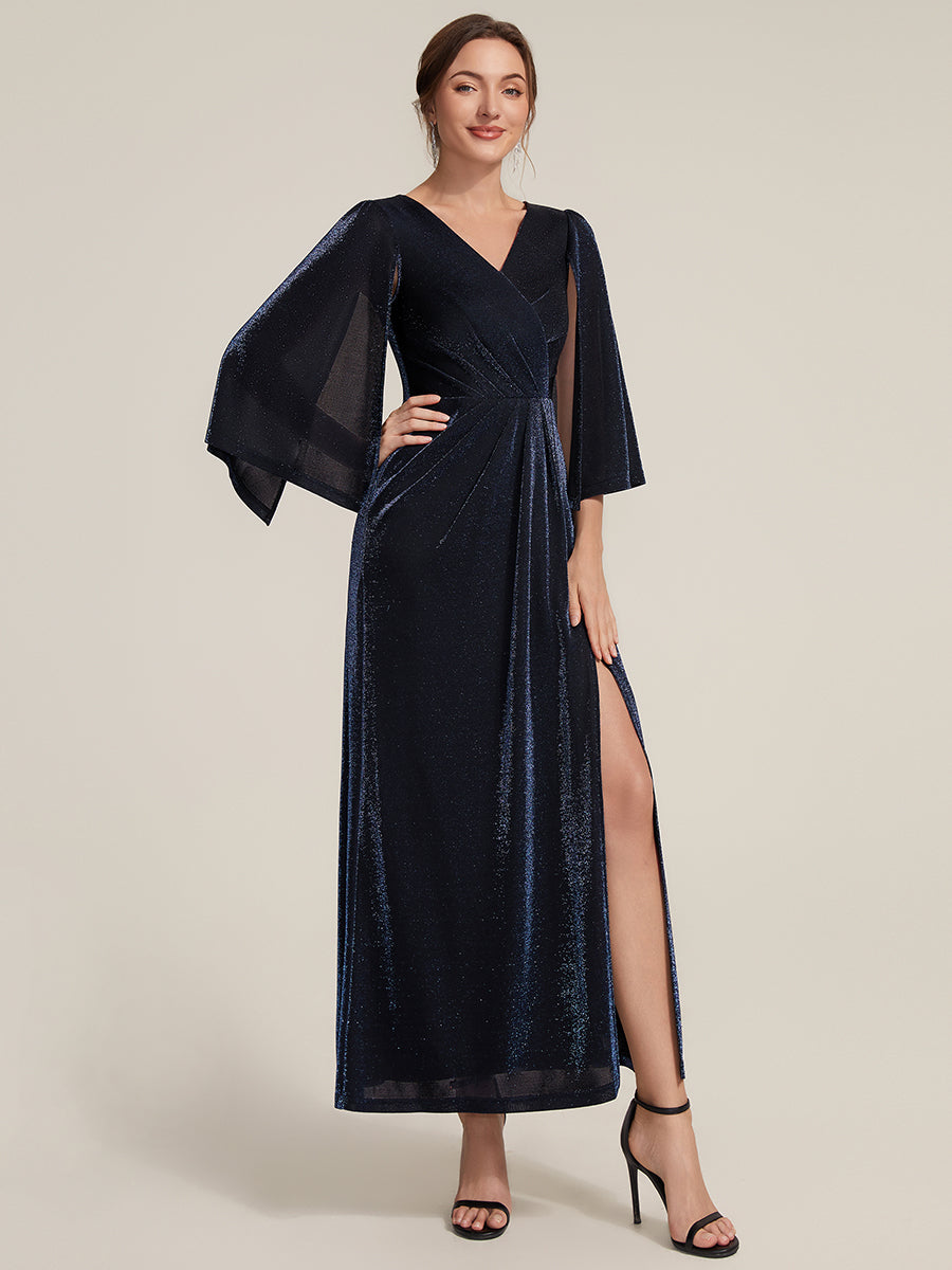 Color=Navy Blue | Factory Design Three-Quarter Sleeve High Stretch Sheath Maxi Dress with 3D Draping; Mother of the Bride Dresses-Navy Blue 4