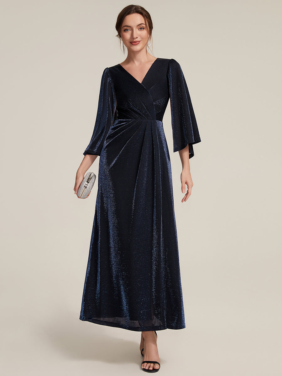 Color=Navy Blue | Factory Design Three-Quarter Sleeve High Stretch Sheath Maxi Dress with 3D Draping; Mother of the Bride Dresses-Navy Blue 5