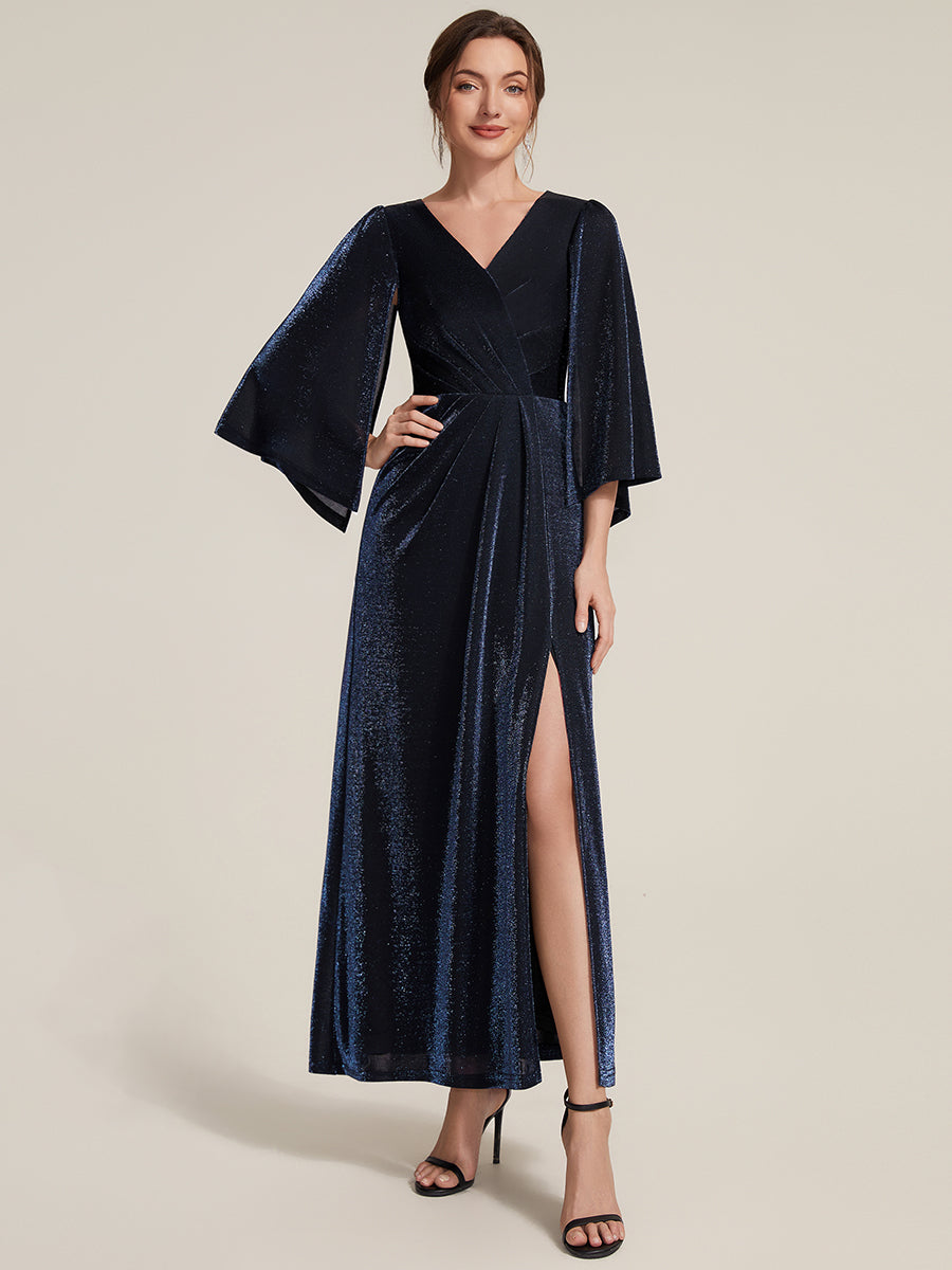 Color=Navy Blue | Factory Design Three-Quarter Sleeve High Stretch Sheath Maxi Dress with 3D Draping; Mother of the Bride Dresses-Navy Blue 1
