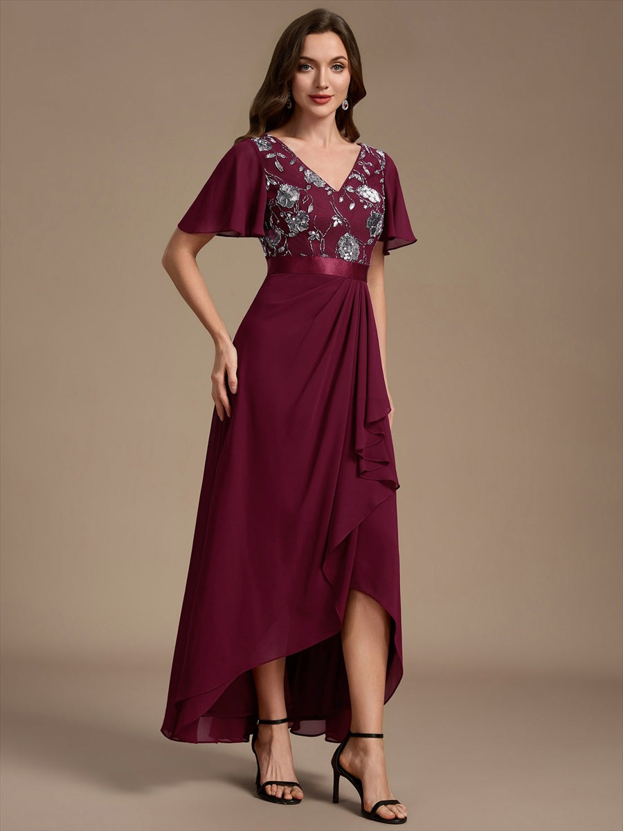 Color=Burgundy | Sequined Ruffle Sleeve Chiffon Mother of the Bride Dress-Burgundy 3