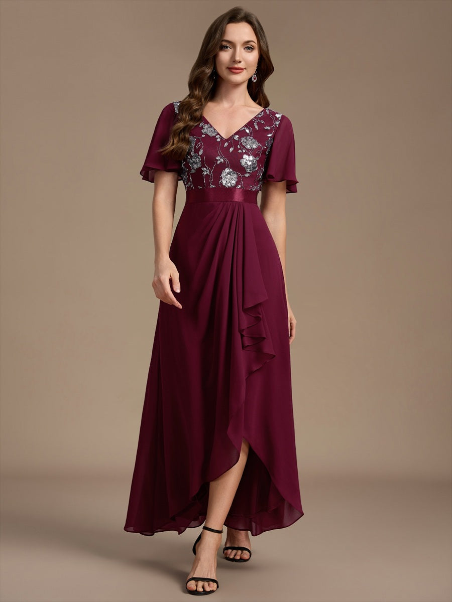 Color=Burgundy | Sequined Ruffle Sleeve Chiffon Mother of the Bride Dress-Burgundy 6