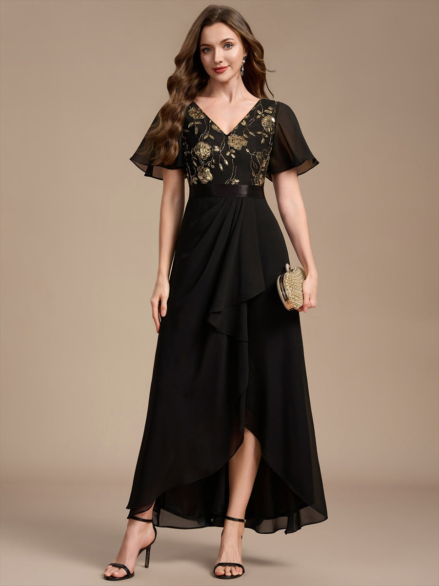 Color=Black Gold | Sequined Ruffle Sleeve Chiffon Mother of the Bride Dress-Black Gold 1