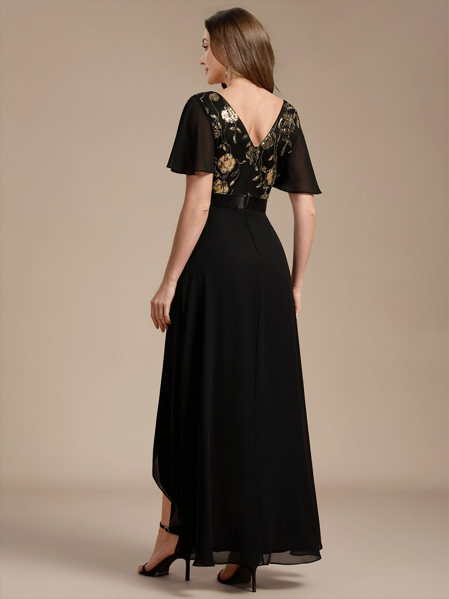 Color=Black Gold | Sequined Ruffle Sleeve Chiffon Mother of the Bride Dress-Black Gold 2