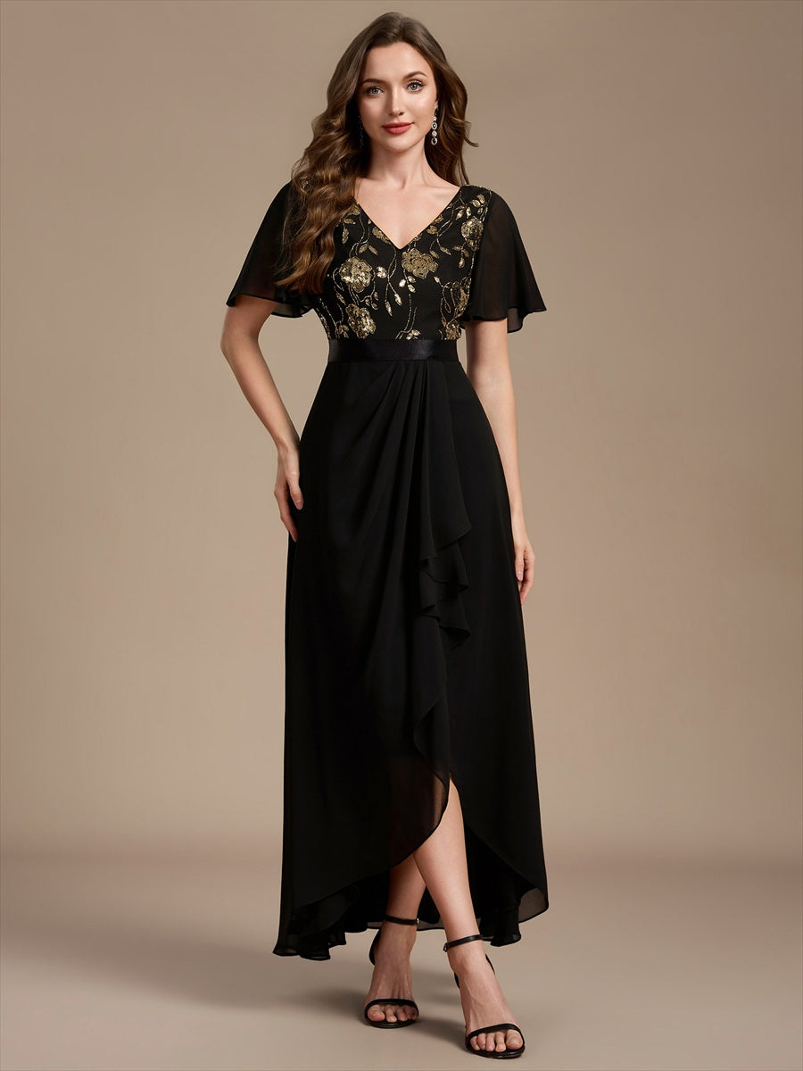 Color=Black Gold | Sequined Ruffle Sleeve Chiffon Mother of the Bride Dress-Black Gold 4