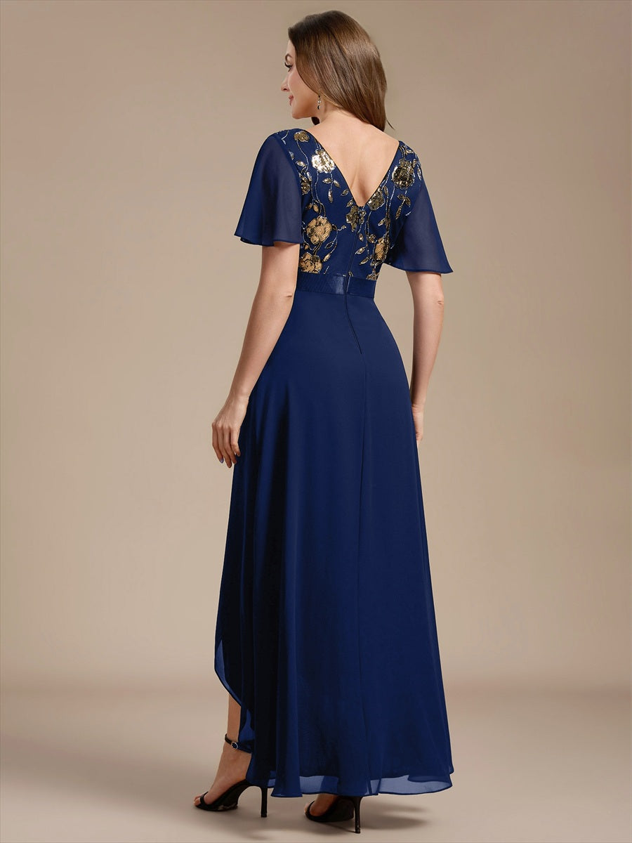 Color=Navy Blue | Sequined Ruffle Sleeve Chiffon Mother of the Bride Dress-Navy Blue 2