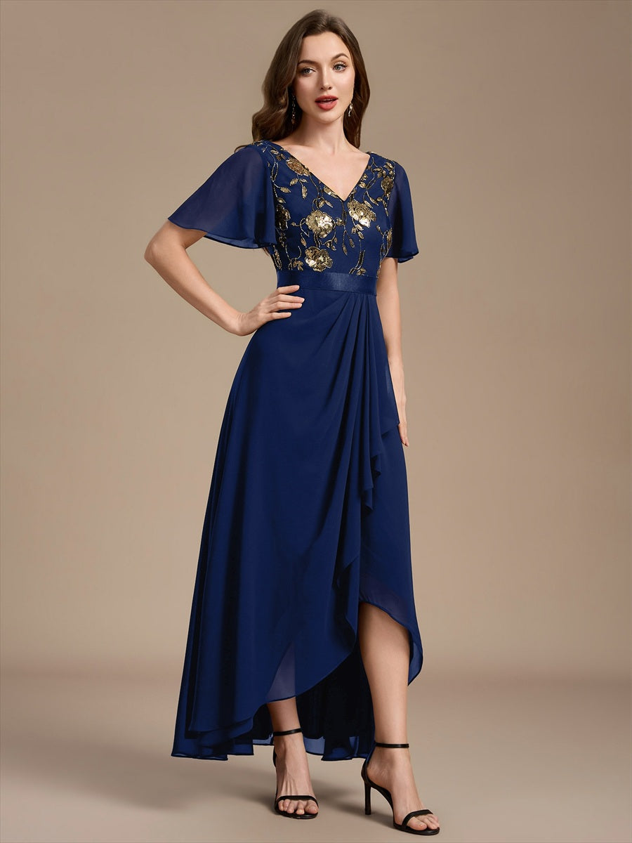 Color=Navy Blue | Sequined Ruffle Sleeve Chiffon Mother of the Bride Dress-Navy Blue 3