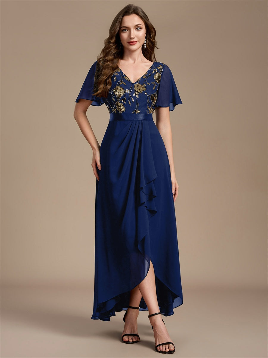 Color=Navy Blue | Sequined Ruffle Sleeve Chiffon Mother of the Bride Dress-Navy Blue 4
