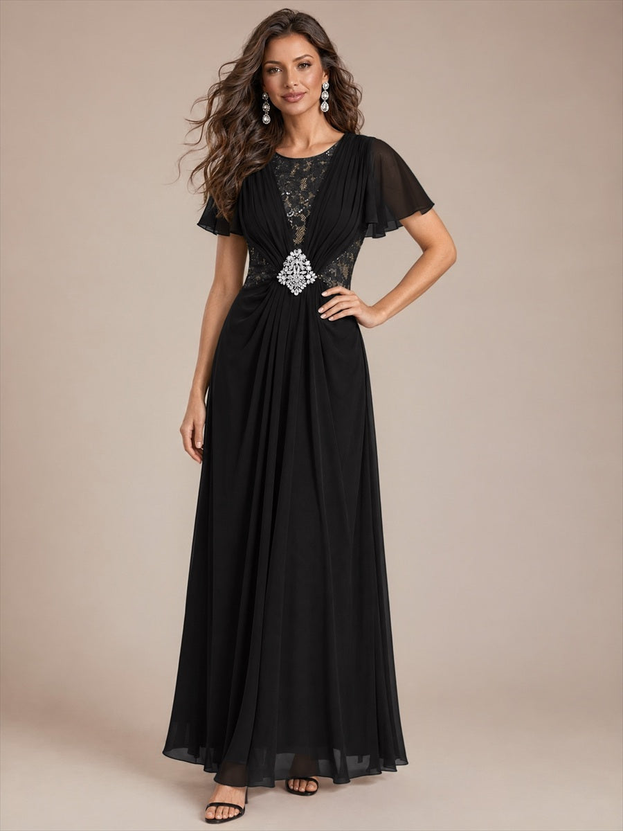 Color=Black | Ruffle Sleeve Lace Chiffon A-Line Maxi Mother of Bride Dress-Black