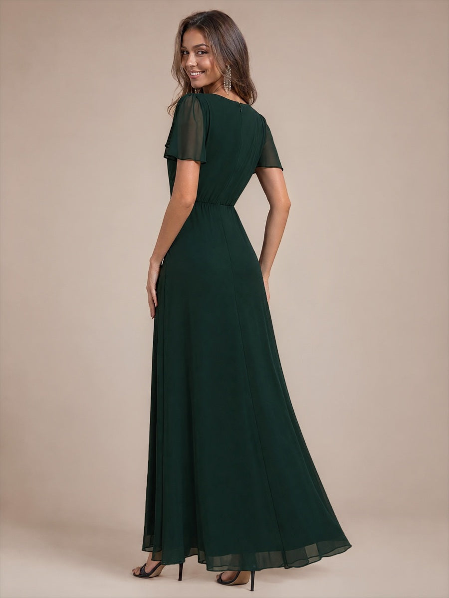 Color=Dark Forest Green | Ruffle Sleeve Lace Chiffon A-Line Maxi Mother of Bride Dress-Dark Forest Green
