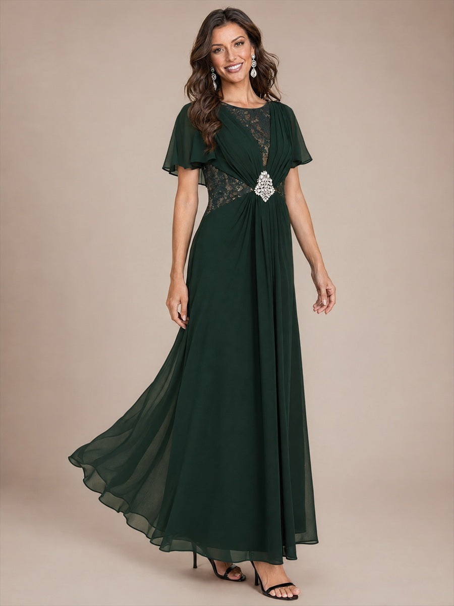 Color=Dark Forest Green | Ruffle Sleeve Lace Chiffon A-Line Maxi Mother of Bride Dress-Dark Forest Green