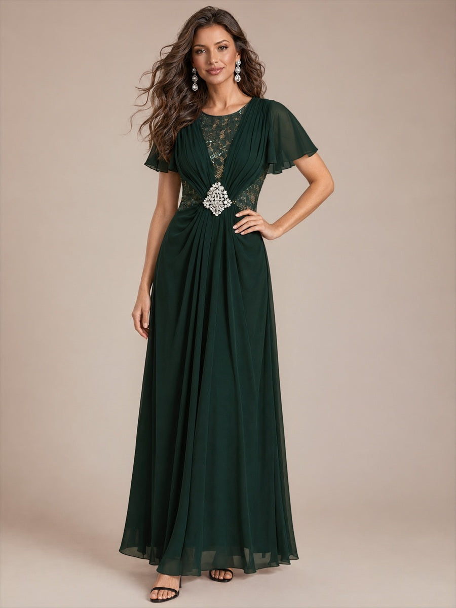 Color=Dark Forest Green | Ruffle Sleeve Lace Chiffon A-Line Maxi Mother of Bride Dress-Dark Forest Green