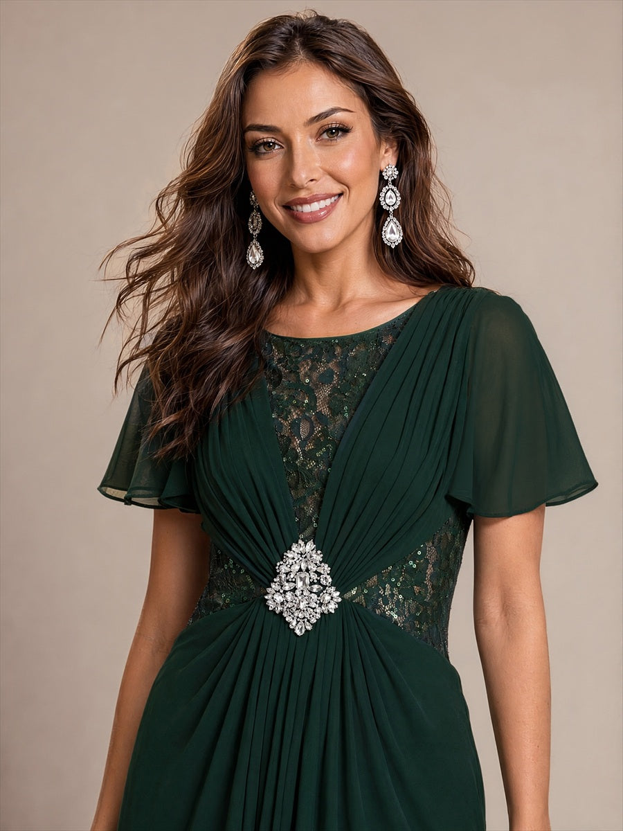 Color=Dark Forest Green | Ruffle Sleeve Lace Chiffon A-Line Maxi Mother of Bride Dress-Dark Forest Green